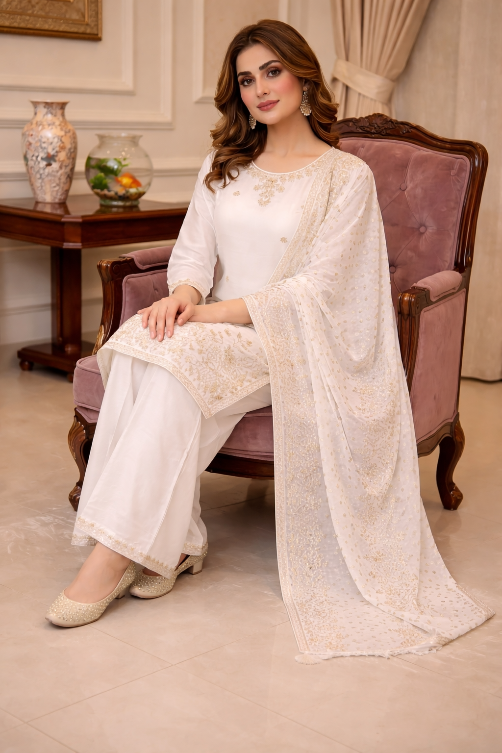 Beads Embroidered Straight Suit with Dupatta and Palazzo
