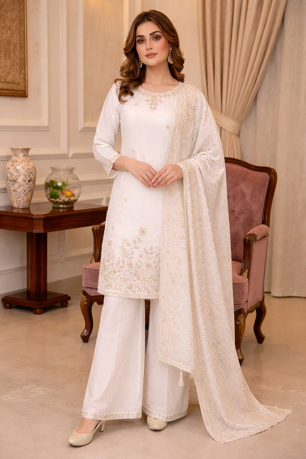 Beads Embroidered Straight Suit with Dupatta and Palazzo
