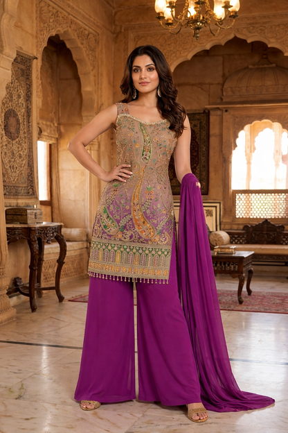 Printed Suit with Embroidered Paired with Palazzo and Dupatta