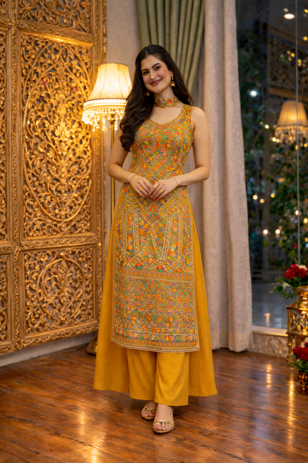 Position Print Long Straight Suit with Palazzo & Dupatta