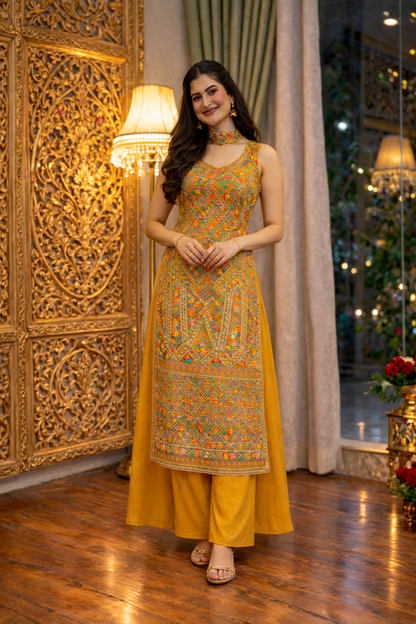 Position Print Long Straight Suit with Palazzo & Dupatta