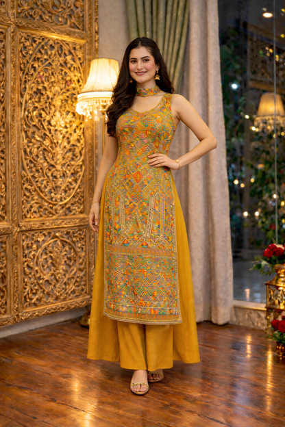 Position Print Long Straight Suit with Palazzo & Dupatta