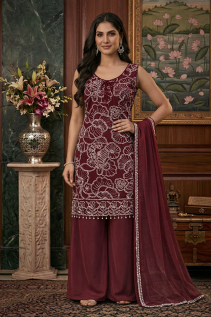 White Embroidery Work Straight Top with Palazzo Set
