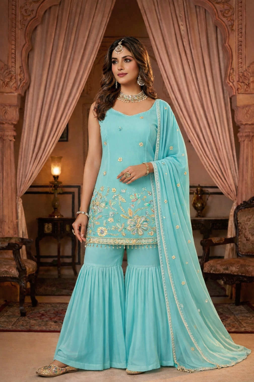 Embroidered Sharara Suit with Dupatta