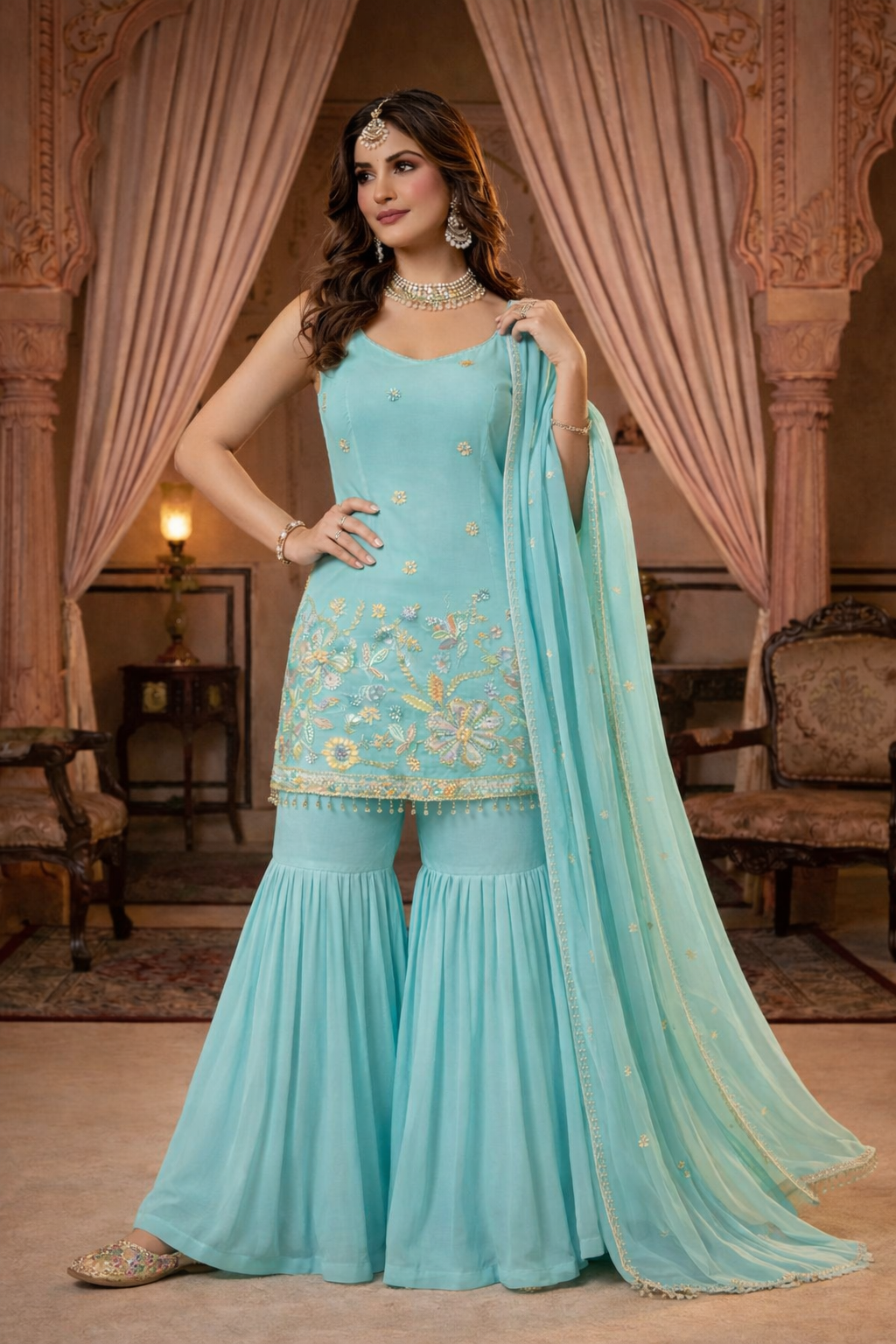 Embroidered Sharara Suit with Dupatta