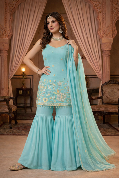 Embroidered Sharara Suit with Dupatta