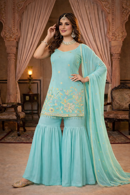 Embroidered Sharara Suit with Dupatta