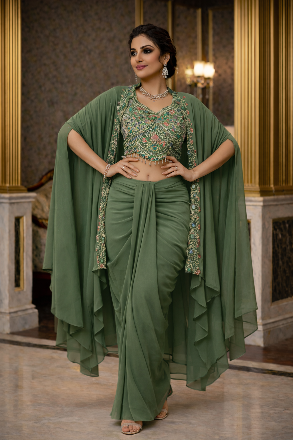 Embroidered Hand-Touched Indo Top with Shrug & Cowl