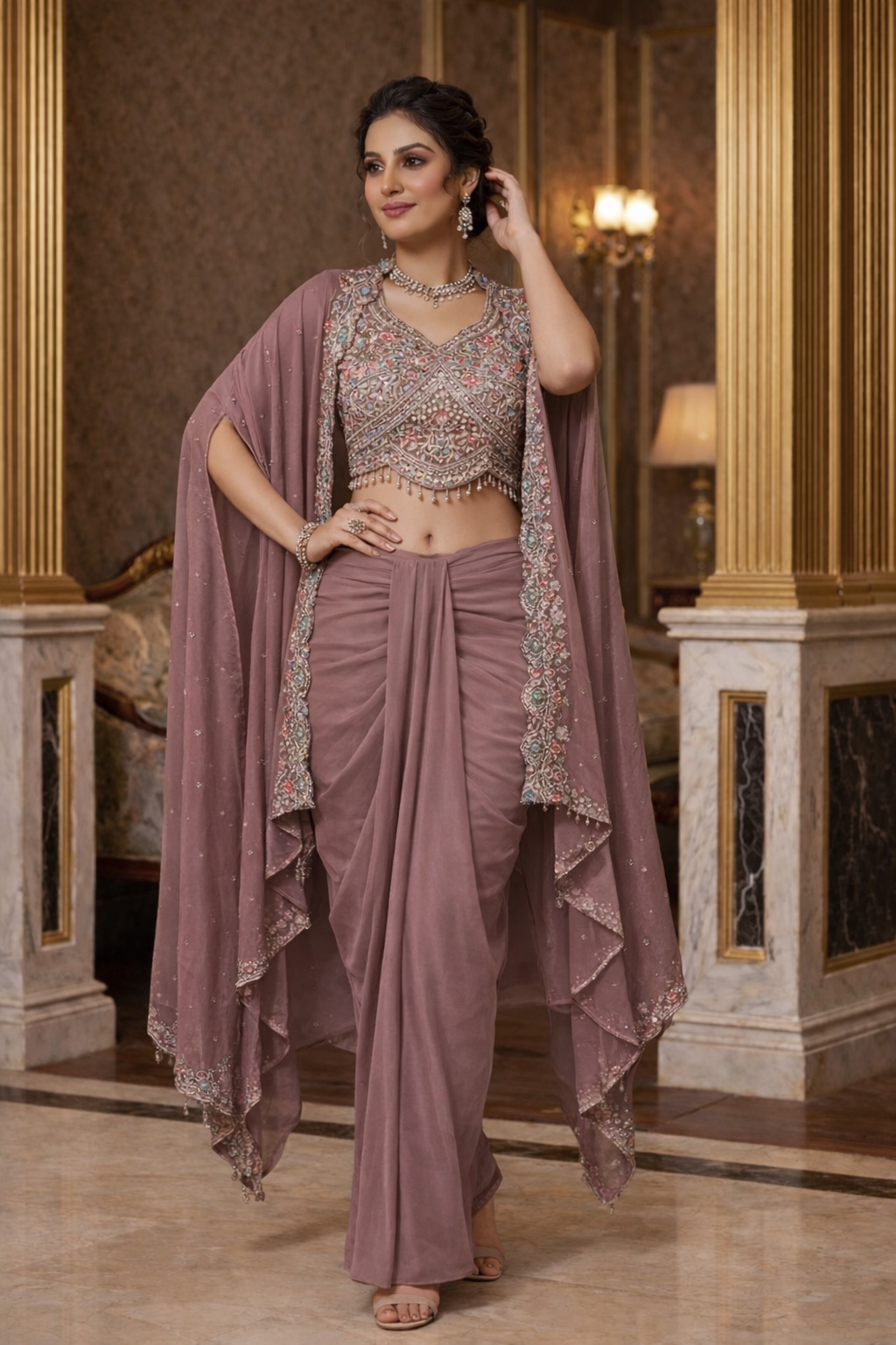 Embroidered Hand-Touched Indo Top with Shrug & Cowl