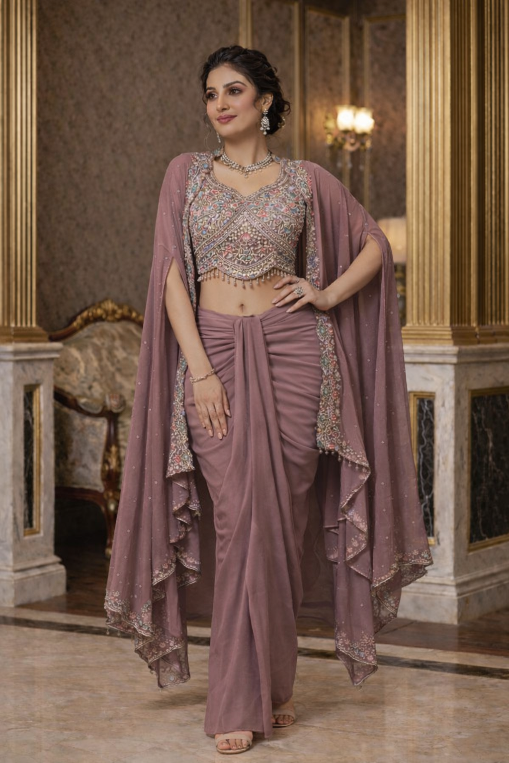 Embroidered Hand-Touched Indo Top with Shrug & Cowl