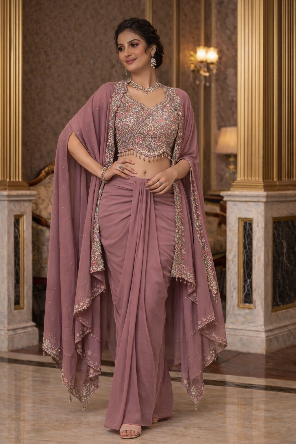 Embroidered Hand-Touched Indo Top with Shrug & Cowl