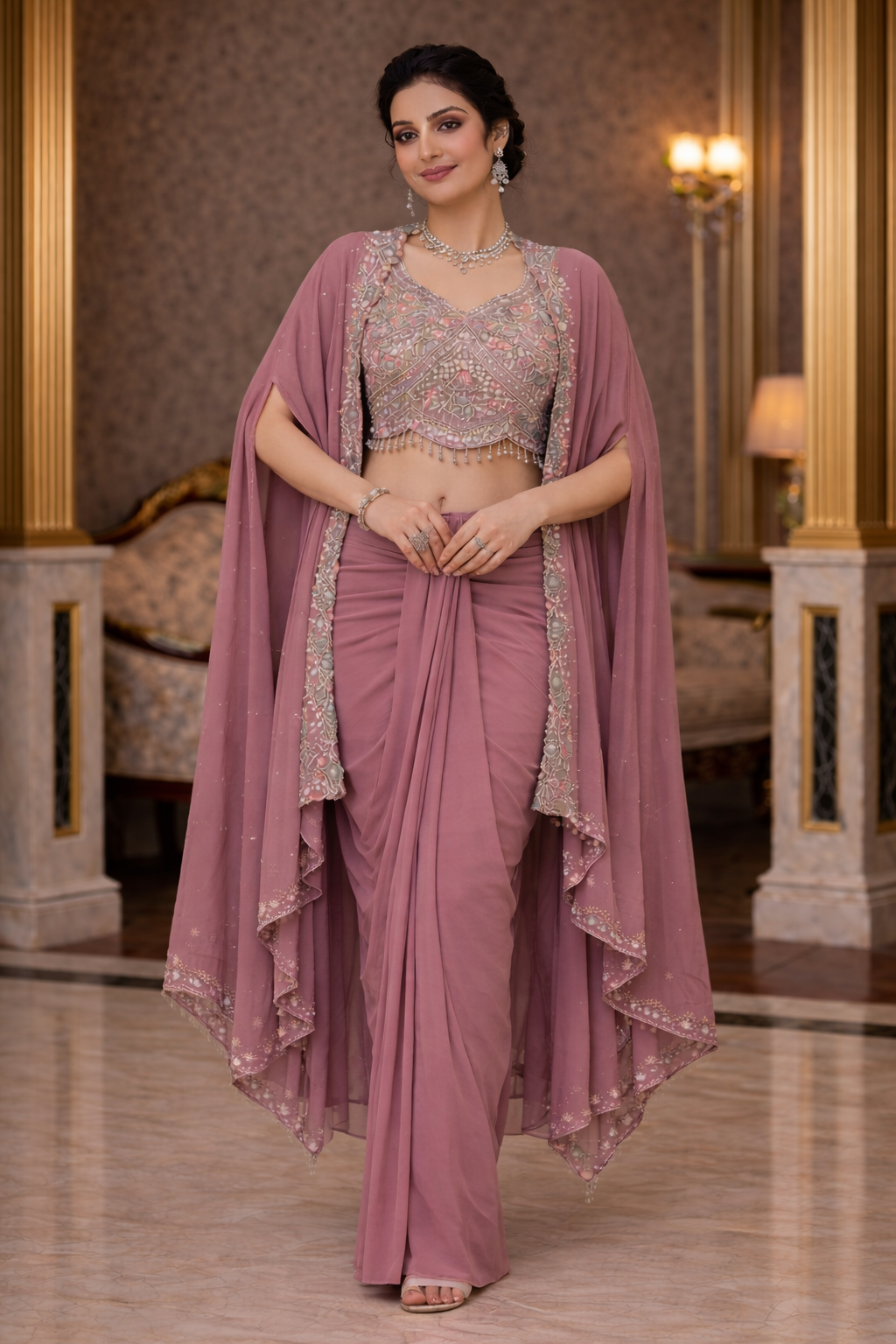 Embroidered Hand-Touched Indo Top with Shrug & Cowl