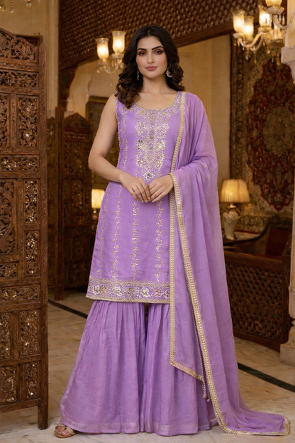 Heavy Beads Embroidered Top with Sharara Set