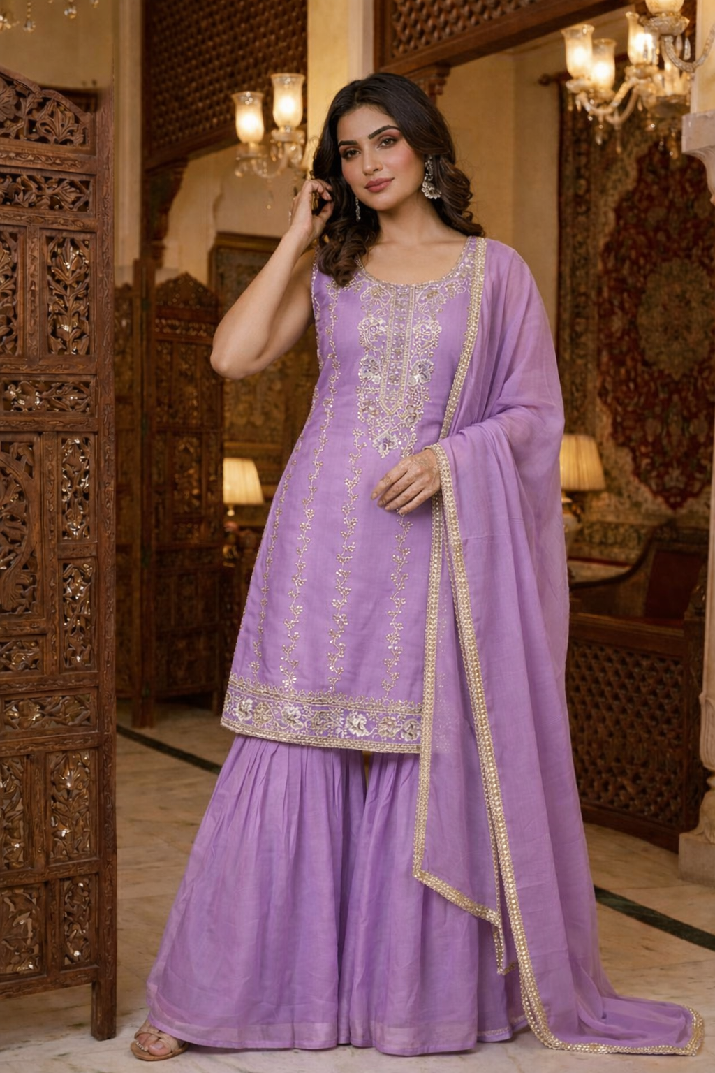 Heavy Beads Embroidered Top with Sharara Set