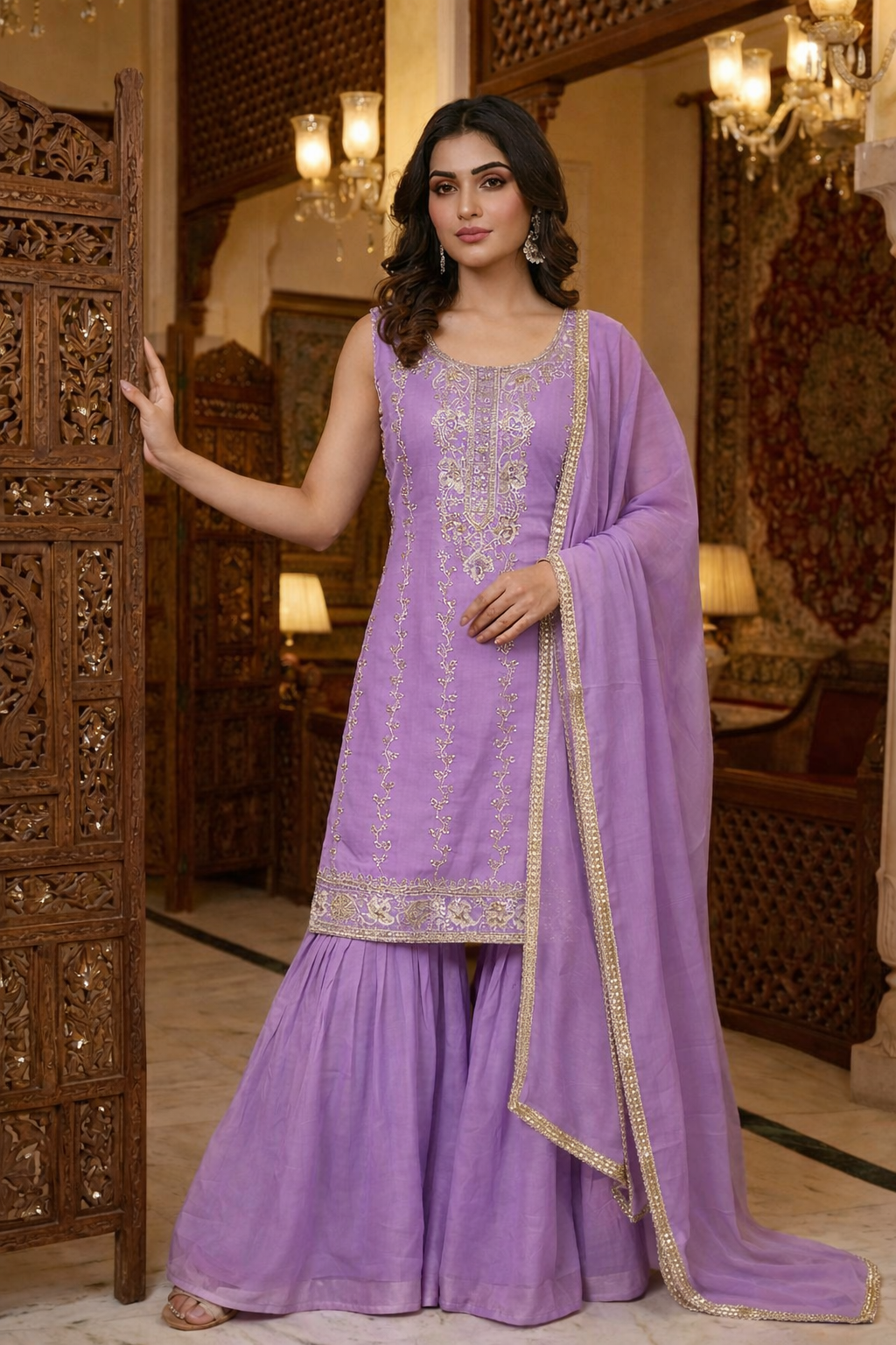 Heavy Beads Embroidered Top with Sharara Set