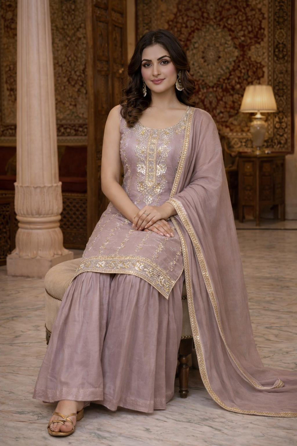 Heavy Beads Embroidered Top with Sharara Set
