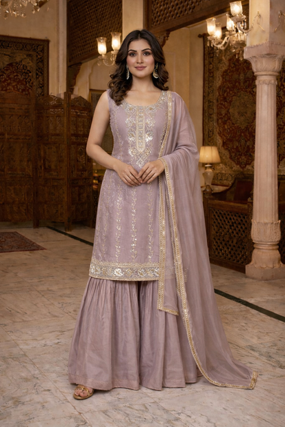 Heavy Beads Embroidered Top with Sharara Set