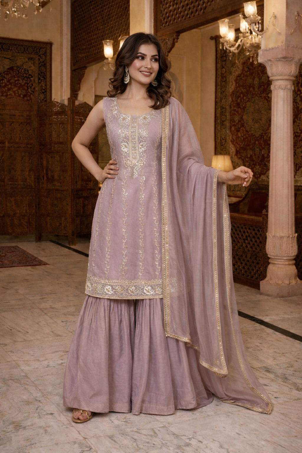 Heavy Beads Embroidered Top with Sharara Set