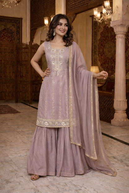 Heavy Beads Embroidered Top with Sharara Set