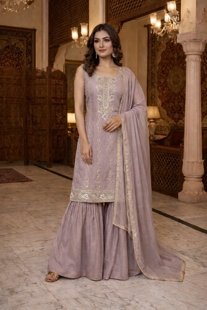 Heavy Beads Embroidered Top with Sharara Set