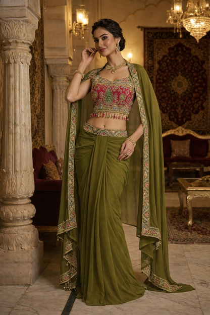 Embroidered Printed Indo Top with Shrug & Cowl Set