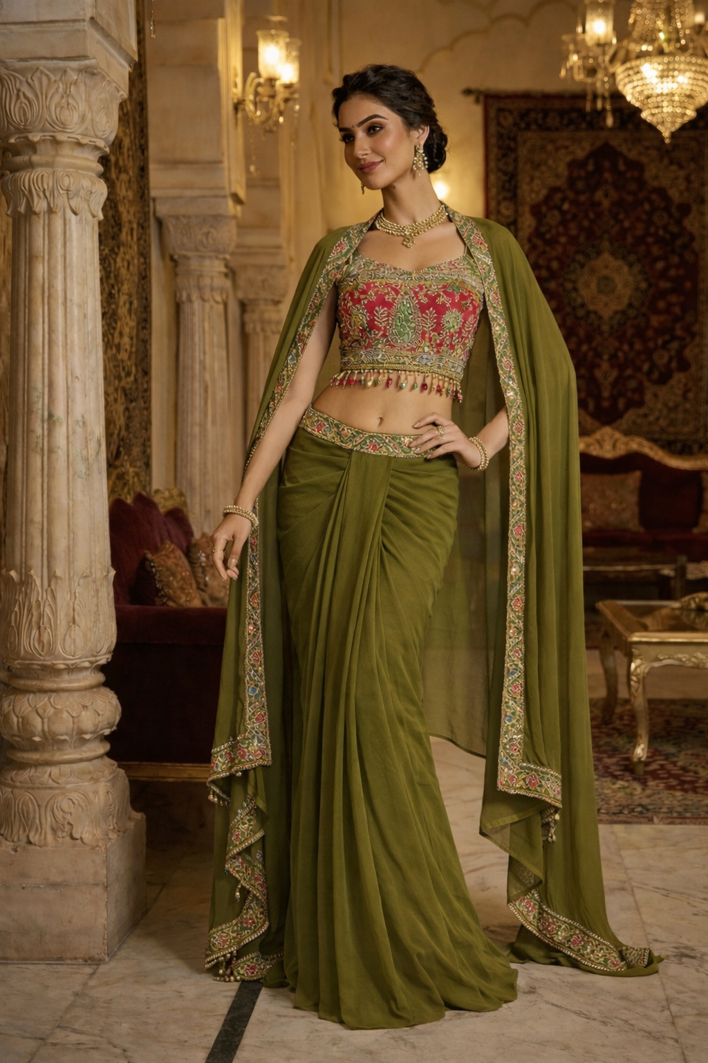 Embroidered Printed Indo Top with Shrug & Cowl Set