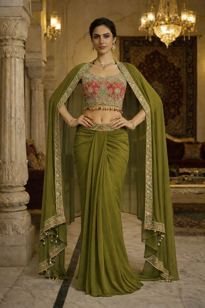 Embroidered Printed Indo Top with Shrug & Cowl Set