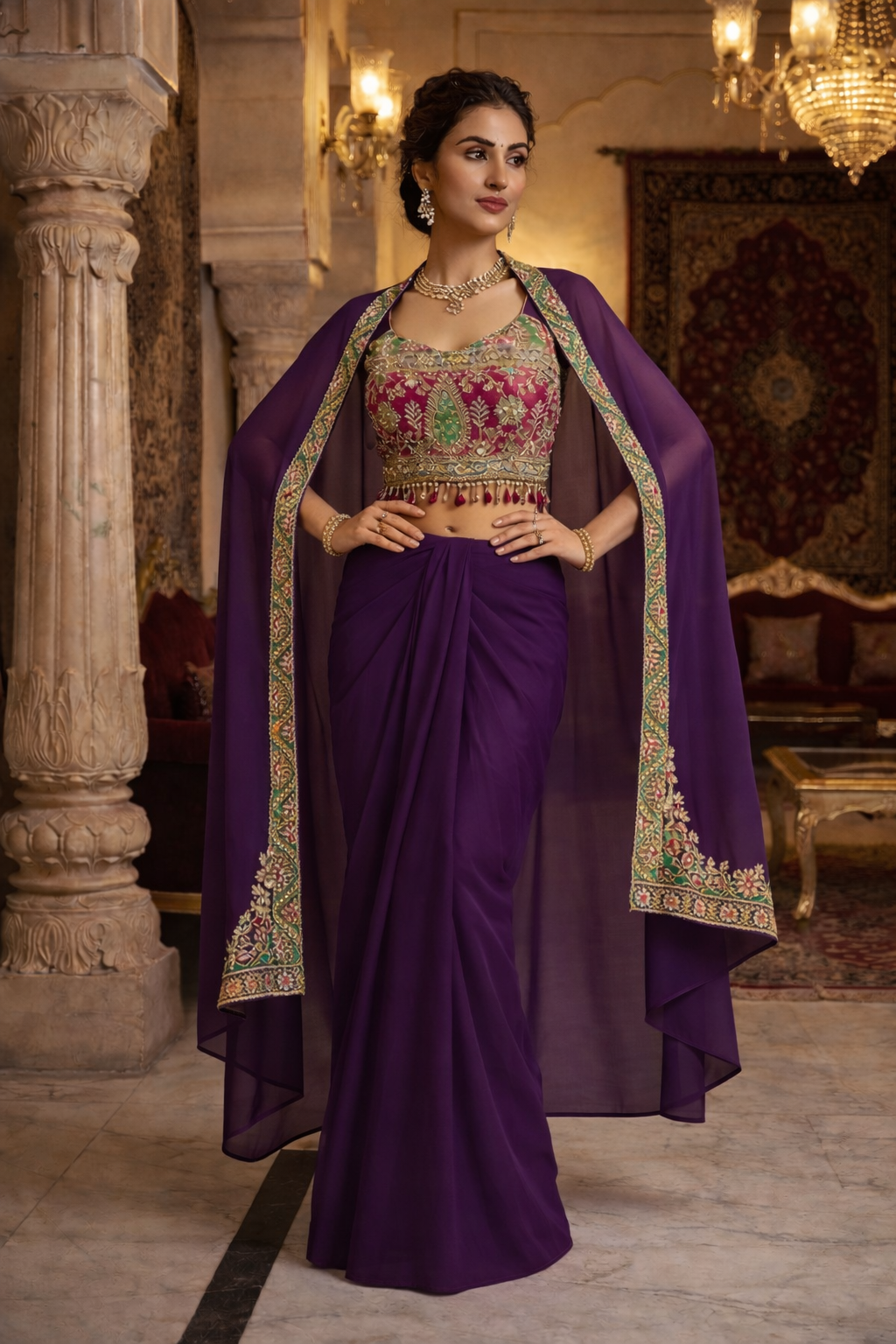 Embroidered Printed Indo Top with Shrug & Cowl Set