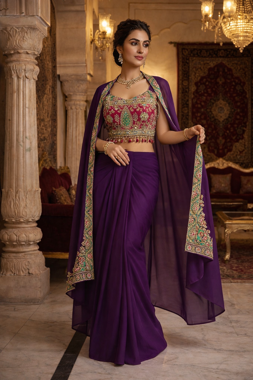 Embroidered Printed Indo Top with Shrug & Cowl Set