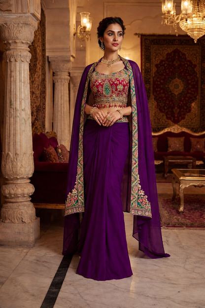 Embroidered Printed Indo Top with Shrug & Cowl Set