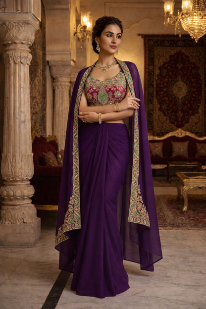 Embroidered Printed Indo Top with Shrug & Cowl Set