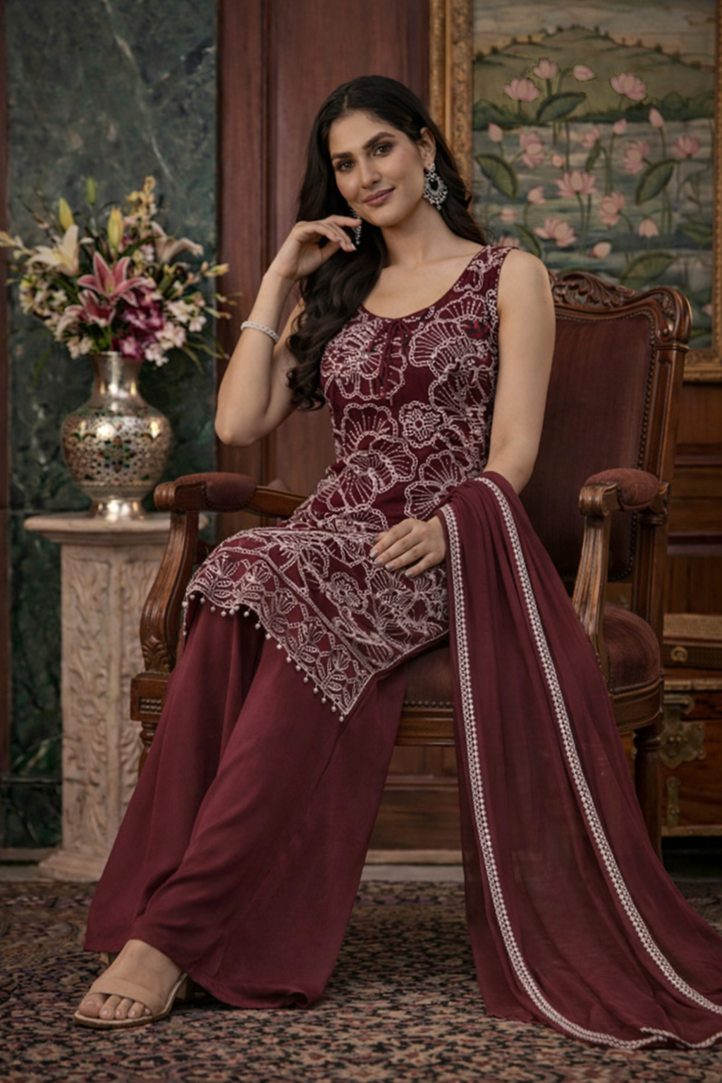 White Embroidery Work Straight Top with Palazzo Set