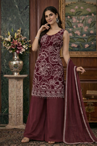 White Embroidery Work Straight Top with Palazzo Set