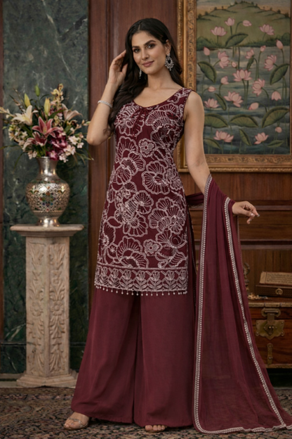 White Embroidery Work Straight Top with Palazzo Set
