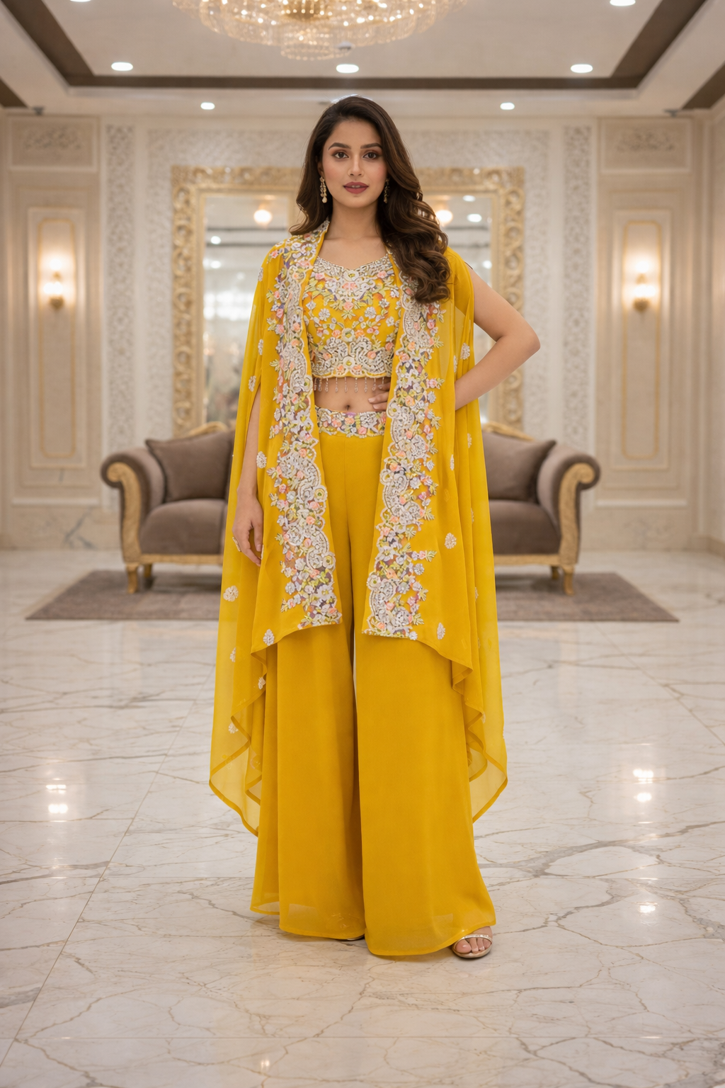 Embroidered Indo Shrug with Crop Top & Palazzo Set