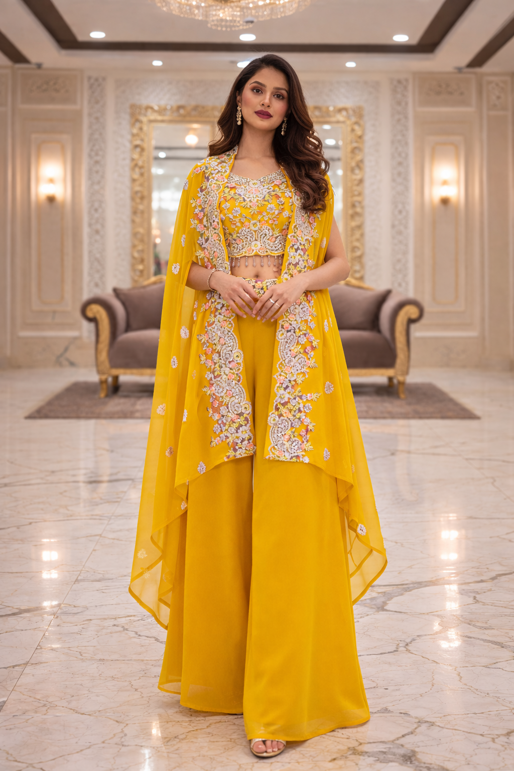 Embroidered Indo Shrug with Crop Top & Palazzo Set
