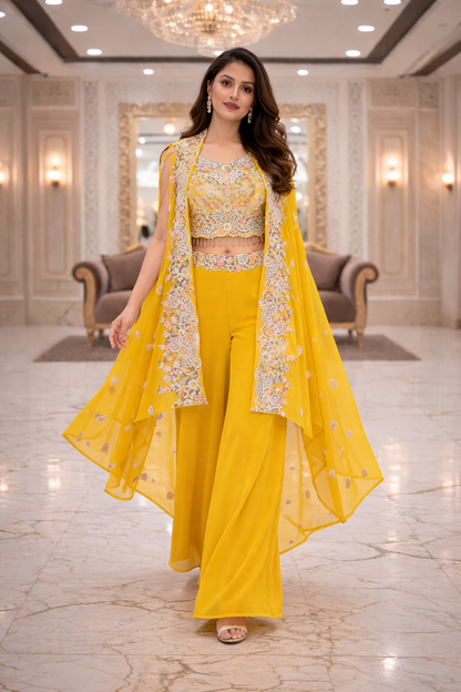 Embroidered Indo Shrug with Crop Top & Palazzo Set