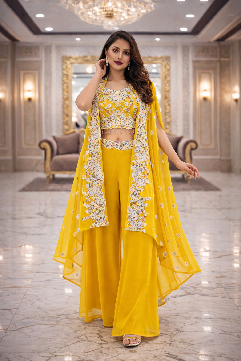 Embroidered Indo Shrug with Crop Top & Palazzo Set