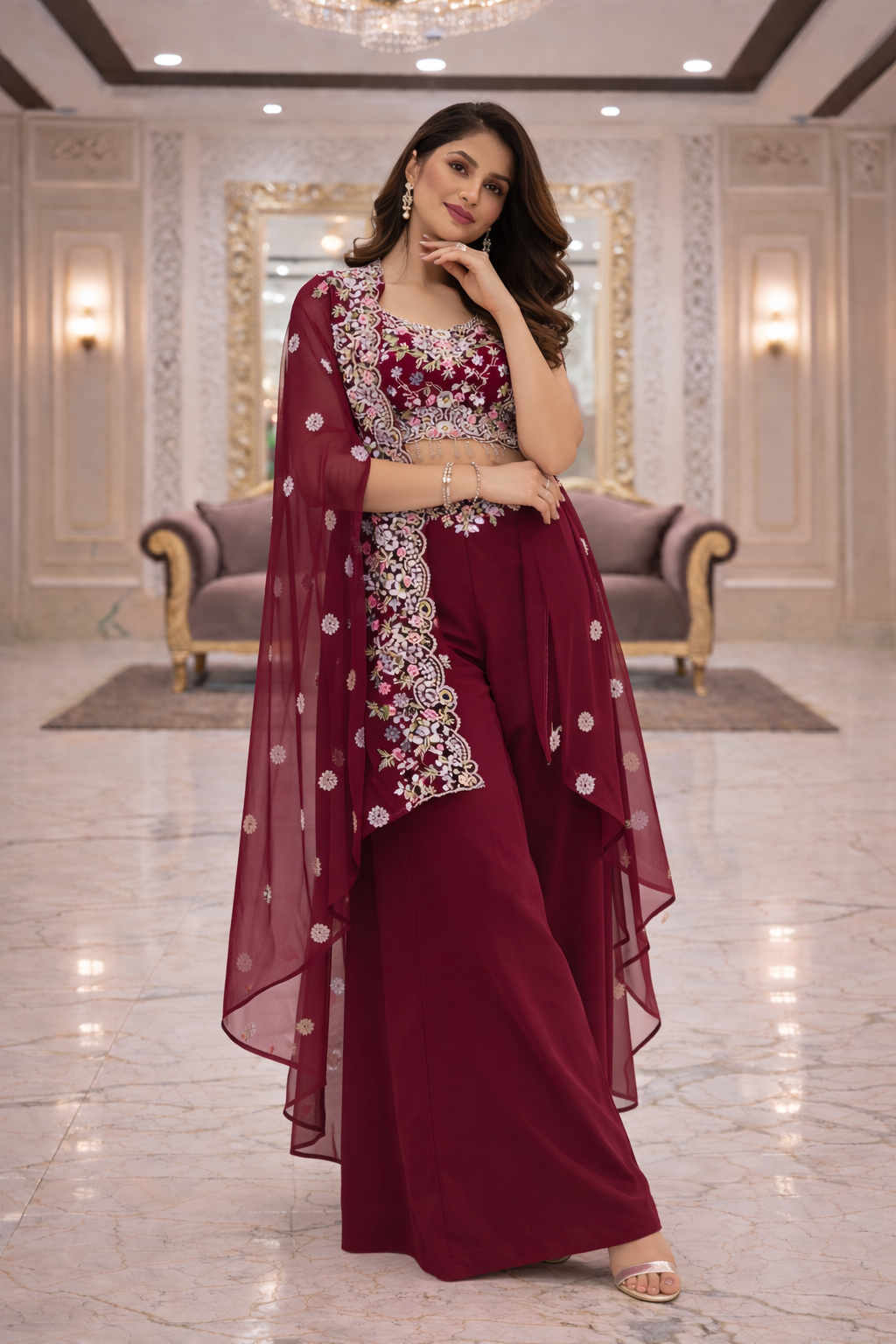 Embroidered Indo Shrug with Crop Top & Palazzo Set