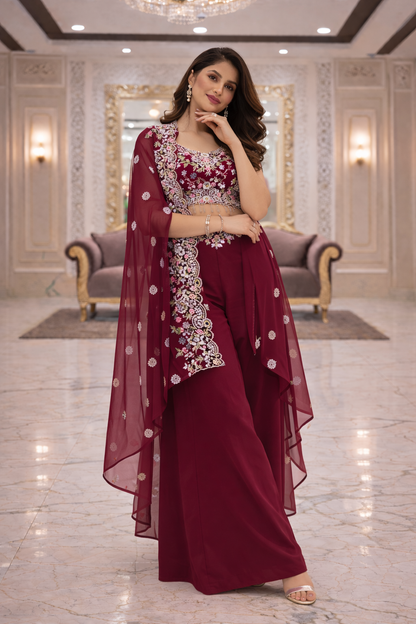 Embroidered Indo Shrug with Crop Top & Palazzo Set