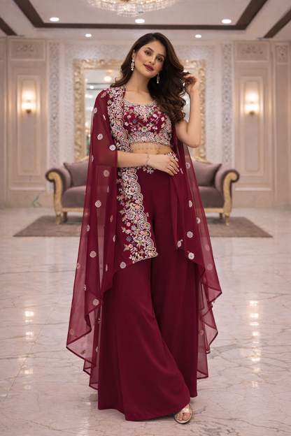 Embroidered Indo Shrug with Crop Top & Palazzo Set