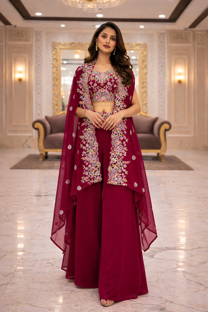 Embroidered Indo Shrug with Crop Top & Palazzo Set