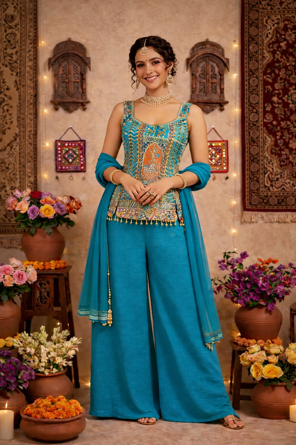 Hand-Touched Position Print Short Indo Top with Palazzo & Dupatta
