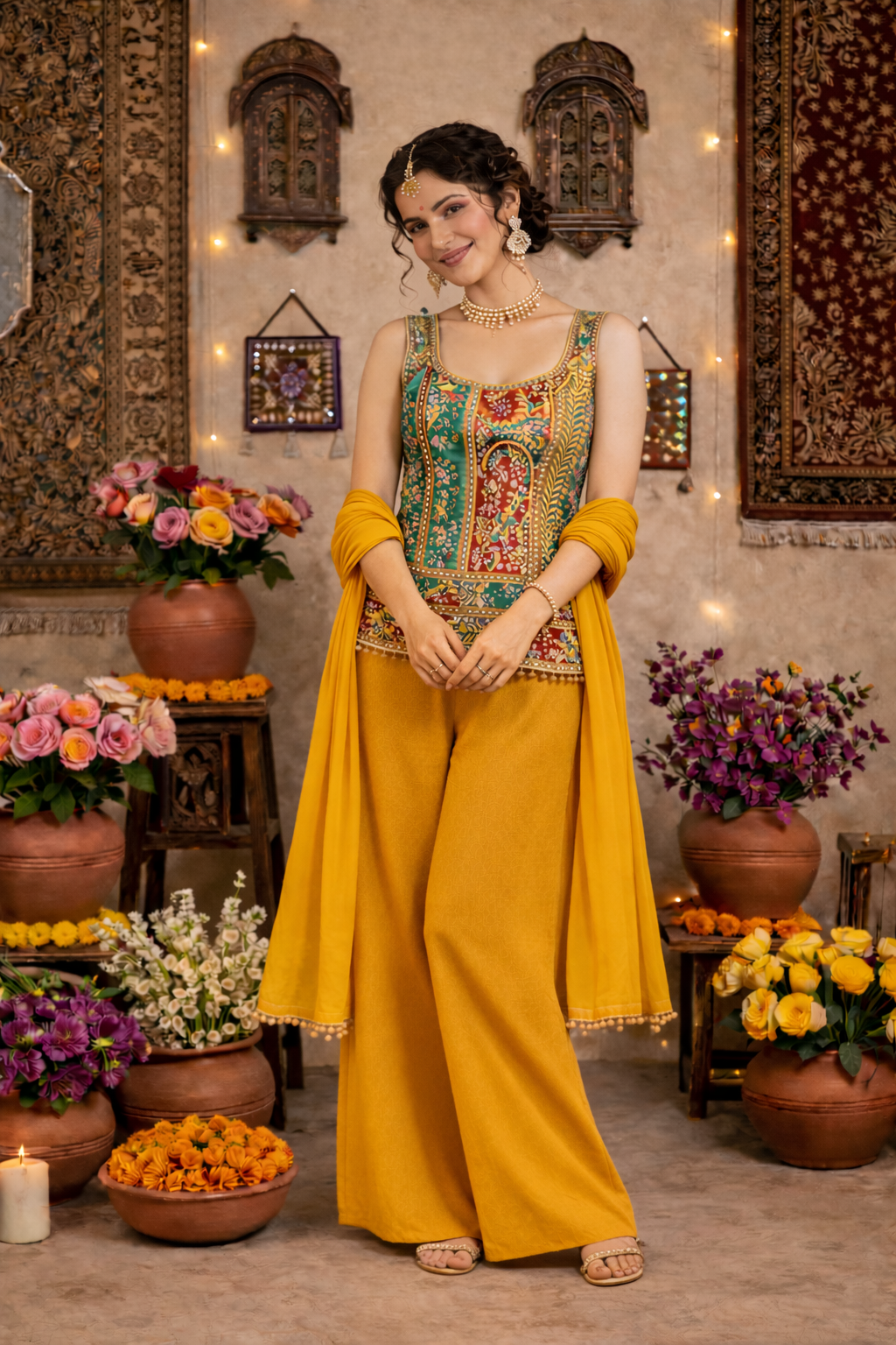 Hand-Touched Position Print Short Indo Top with Palazzo & Dupatta