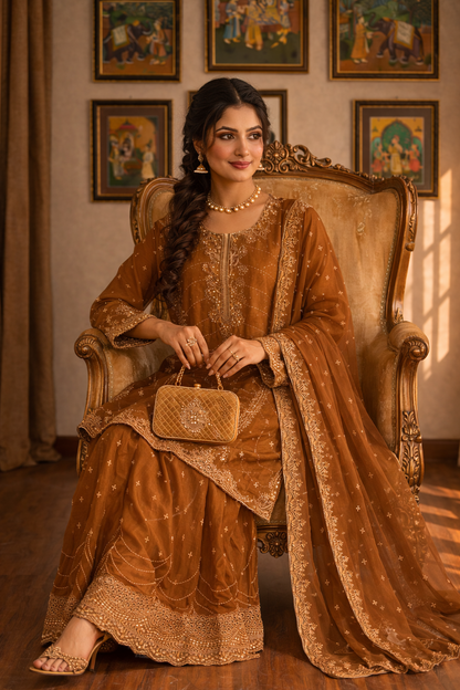 Heavy Embroidered Pakistani Suit with Palazzo & Dupatta