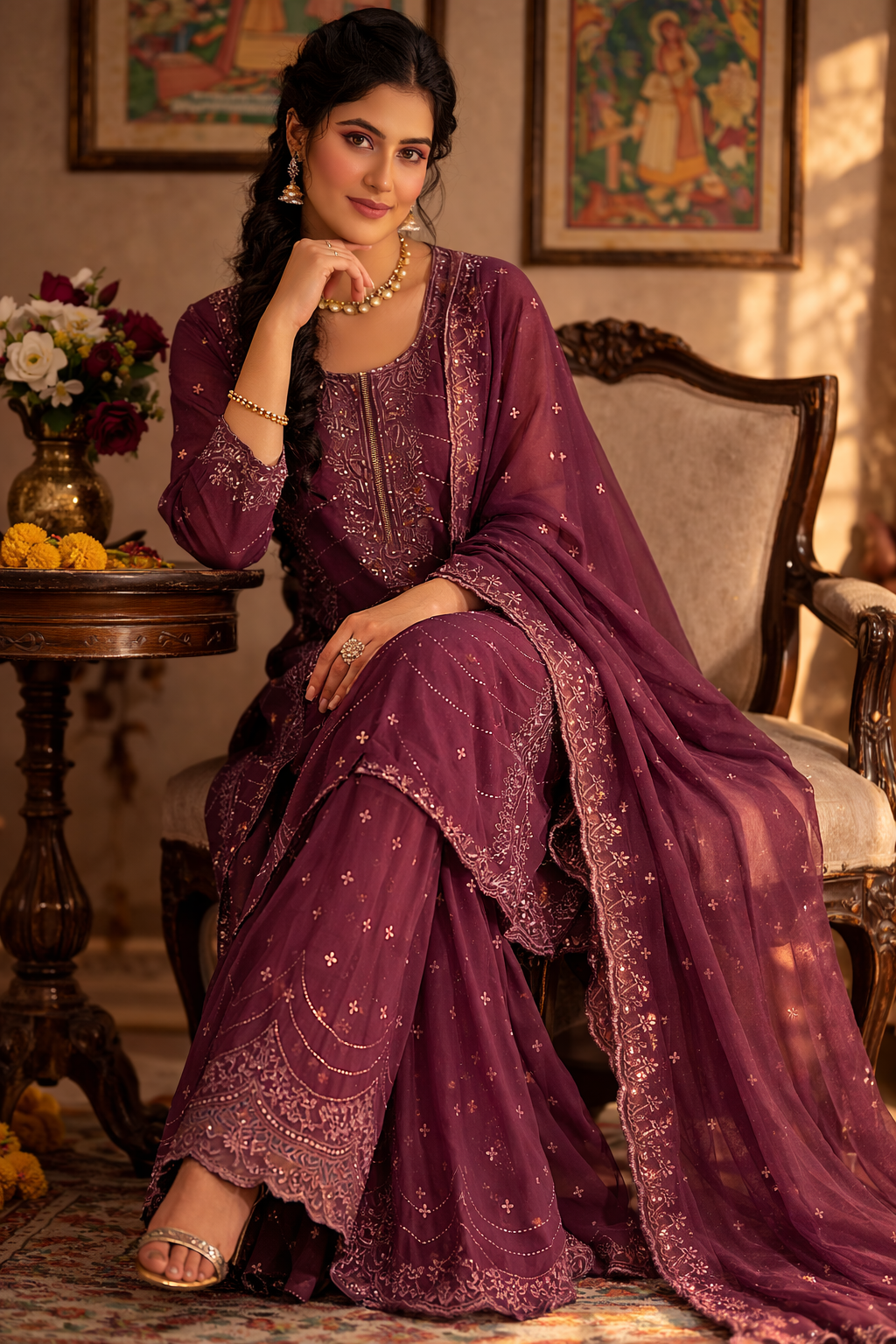 Heavy Embroidered Pakistani Suit with Palazzo & Dupatta