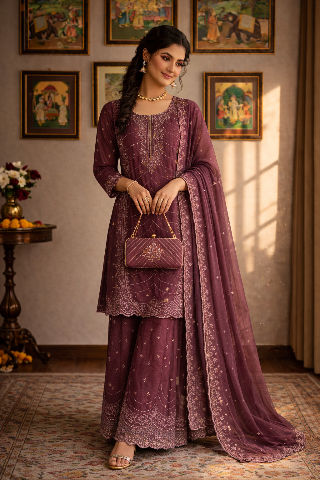 Heavy Embroidered Pakistani Suit with Palazzo & Dupatta