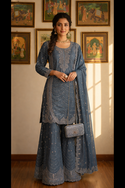 Heavy Embroidered Pakistani Suit with Palazzo & Dupatta