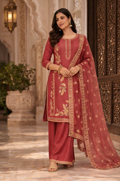 Embroidered Kurta Set with Palazzo & Dupatta