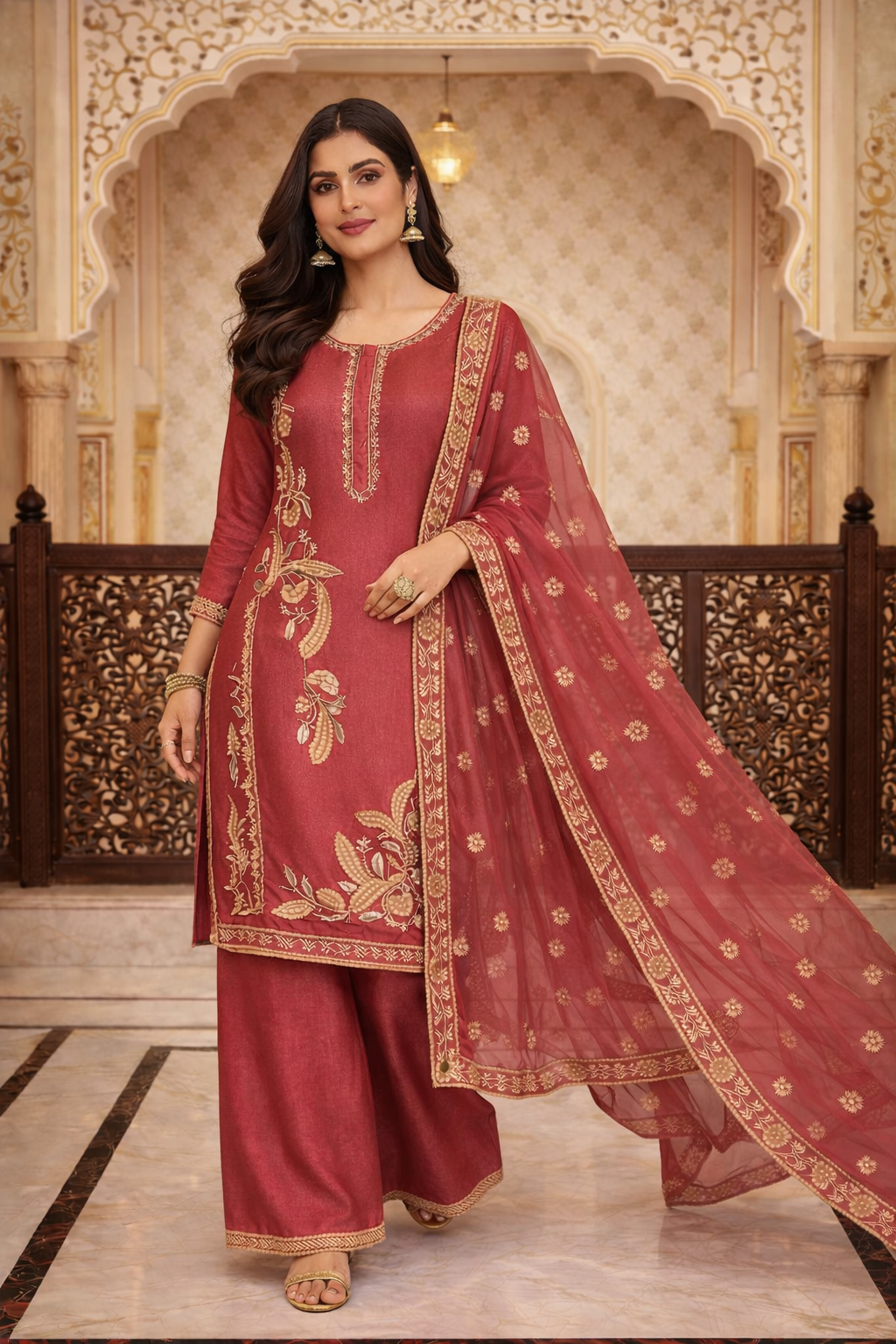 Embroidered Kurta Set with Palazzo & Dupatta